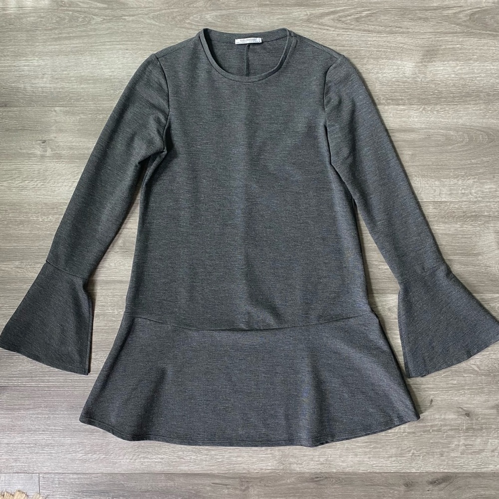 Zara Bell Sleeve Dropped Waist Flounce Hem Heather Gray Dress Medium